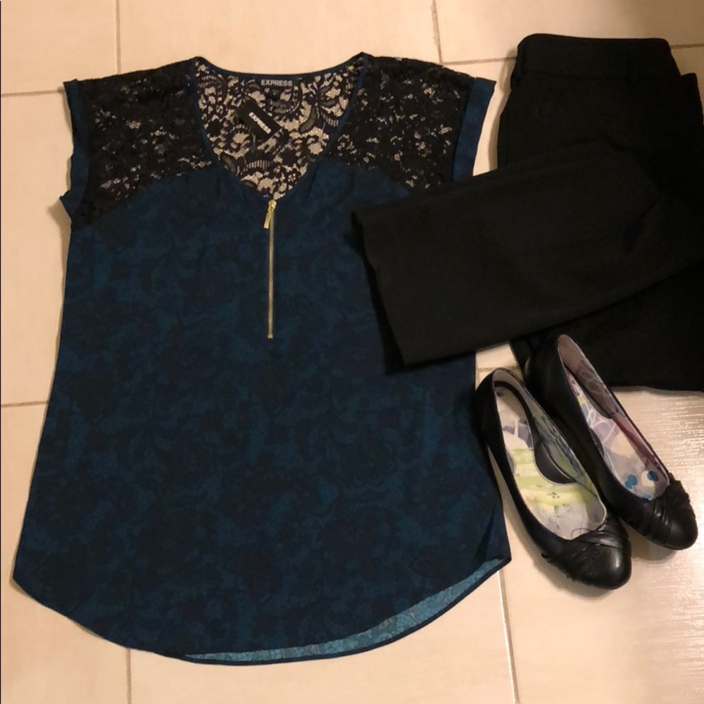 Express Teal & Black Lace Detail Blouse